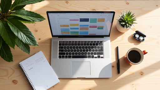 内容营销策略,笔记本电脑屏幕显示内容规划,年轻男性内容策划师工作,明亮办公桌